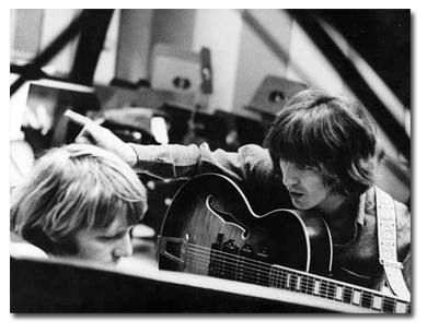 Larry Knechtel with George Harrison during sessions for Jackie Lomax